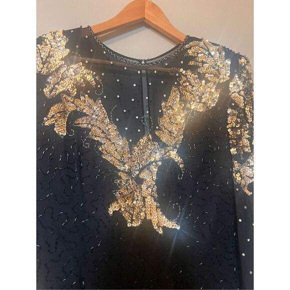 Vintage Jaqueline Ferrar 12 Sequin Beaded Sheath Dress Black Gold Party Cocktail - Picture 9 of 14